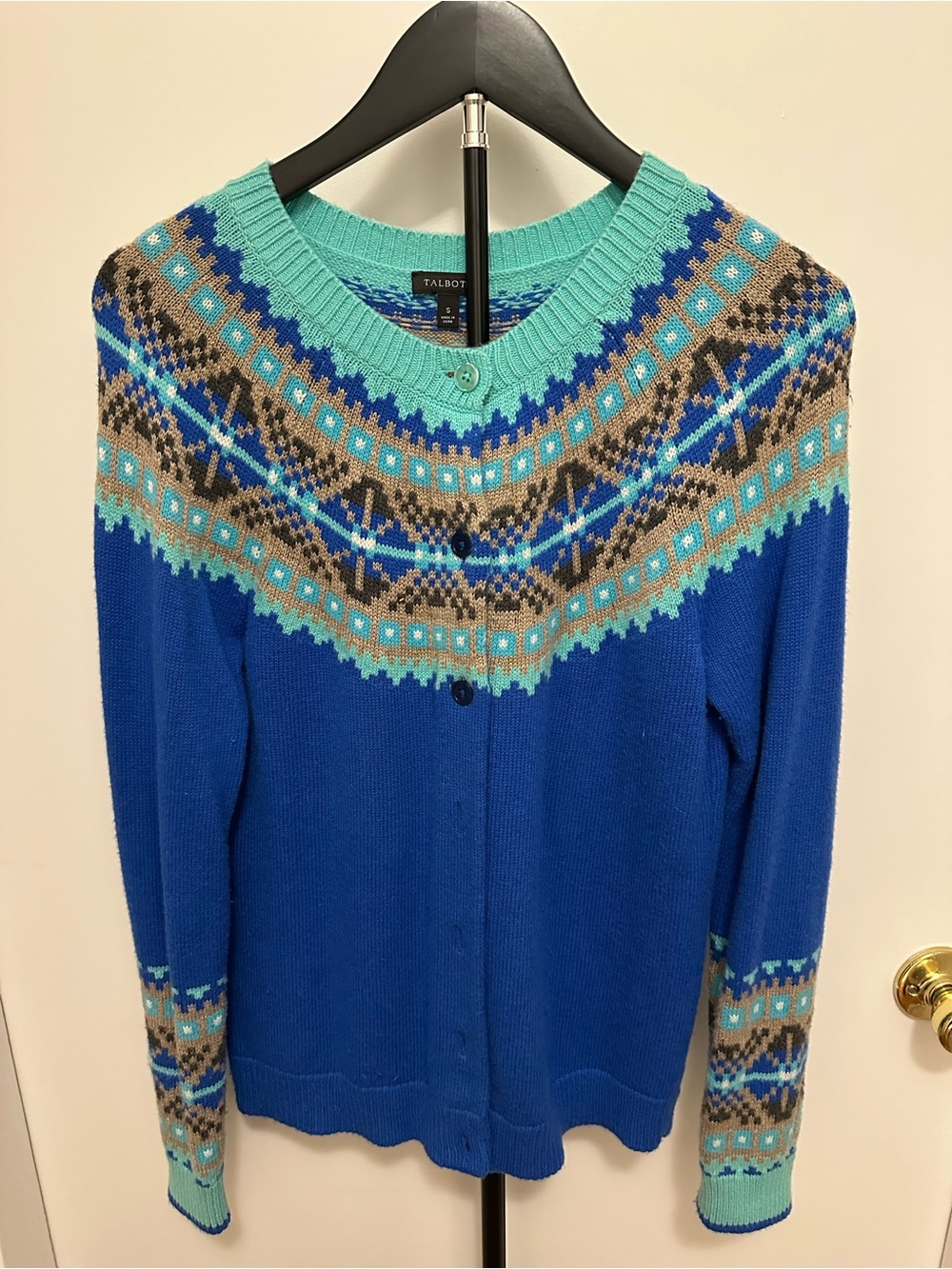 Talbots Blue Fair Isle Lambswool Blend Crewneck Cardigan Sweater
